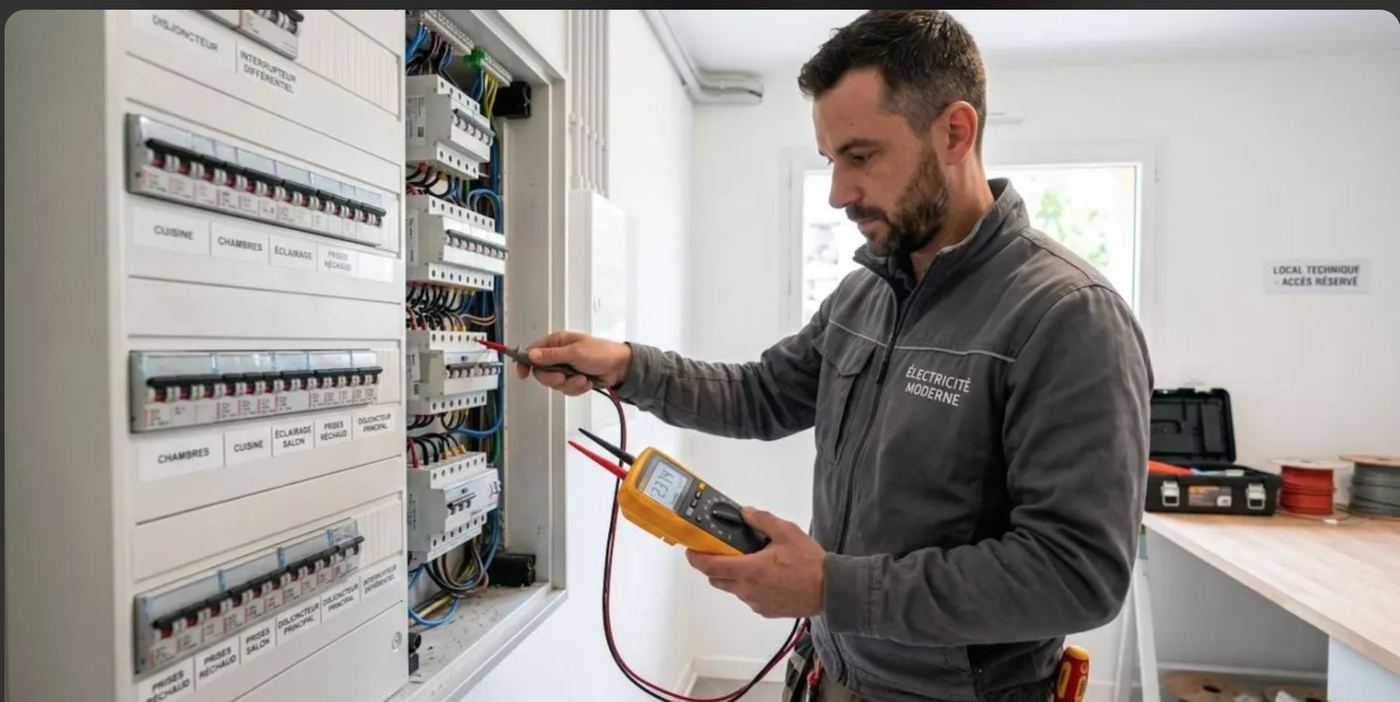 Électricien PRO-SERVICE intervenant sur un tableau électrique
